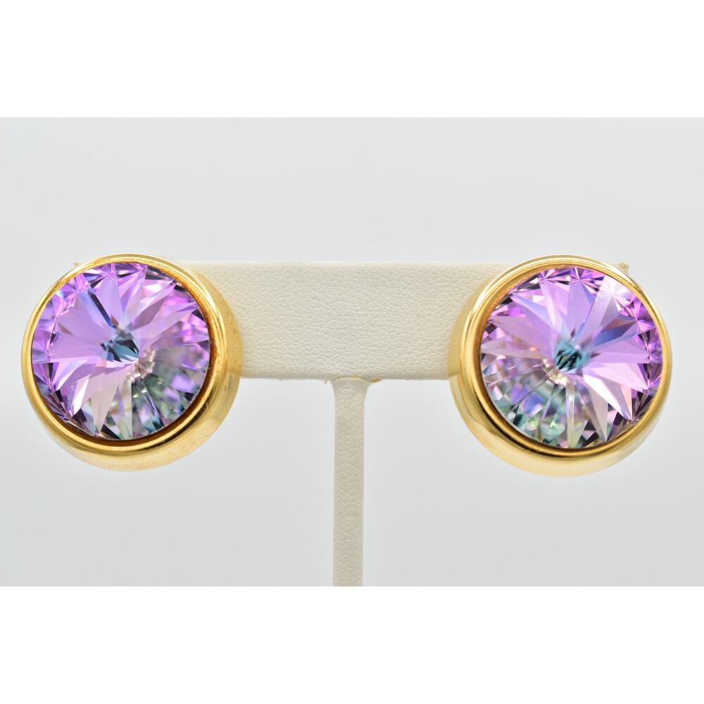 Vintage Crystal Clip On Earrings Aurora Borealis Purple Gold Chunky 1980s 9E